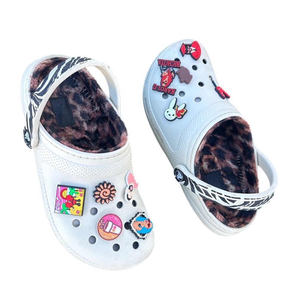 Crocs Classic Animal Print Lined Zebra Print Strap Clogs With‎ Charms Size M6 W8